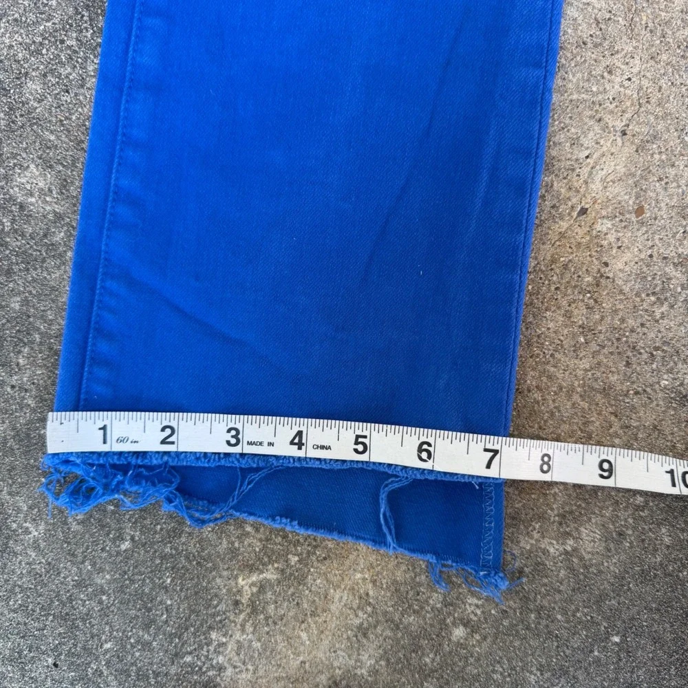 Mother Denim High Rise Flare Jeans Cobalt Blue Raw Hem Frayed 26